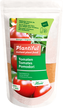 Ein Beutel mit Dünger für Tomatenpflanzen in Töpfen und im Garten