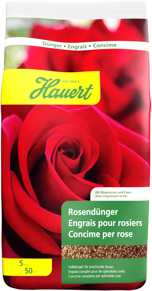 Ein Sack mit Dünger für Rosen