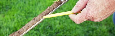Frisch entnommene Bodenprobe im Rasen, Hand mit Kugelschreiber, die darauf zeigt.