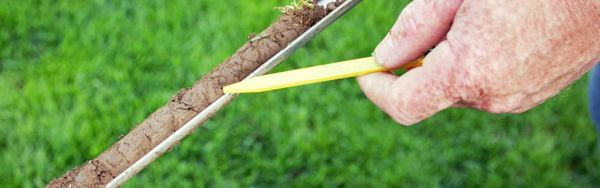 Frisch entnommene Bodenprobe im Rasen, Hand mit Kugelschreiber, die darauf zeigt.