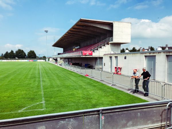 Leeres, frisch gemähtes Fussballfeld mit kleiner, gedeckter Tribühne, schönes Wetter. Der Rasen der Sportanlage Grünfeld in Rapperswil wurde 2017 von der Swiss Football League als der beste der Schweiz bewertet.