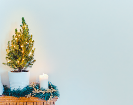 Ein kleines Weihnachtsbäumchen im Topf ist mit einer Lichtgirlande geschmückt und steht auf einem Holzmöbel vor einer grau-blauen Wand.