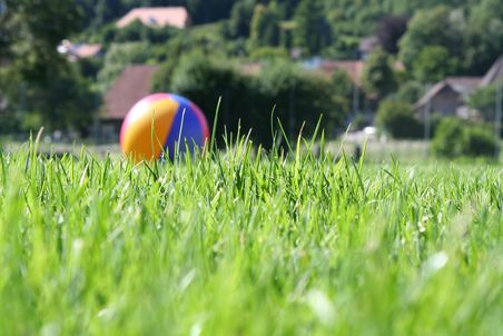 Aufblasbarer Wasserball auf grosser Rasenfläche, Dorf im Hintergrund.
Making-of-Foto vom Shooting für die neuen Packungsbilder, hier während der Aufnahme für die neue Rasen-Tardit-Packung, auf dem Schulhausrasen Grossaffoltern.